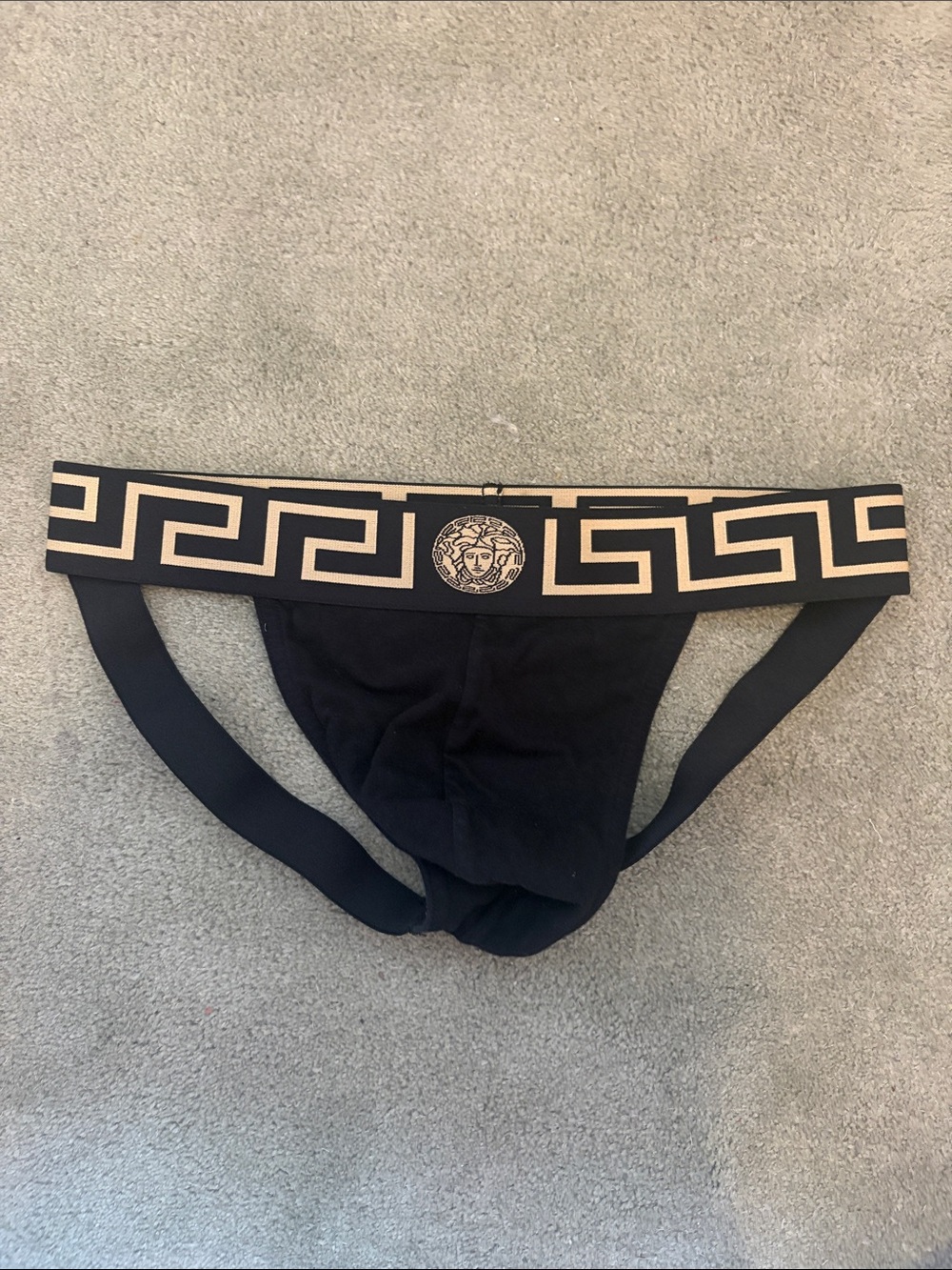 Versace Black Jockstrap with Gold Greek Key Waistband